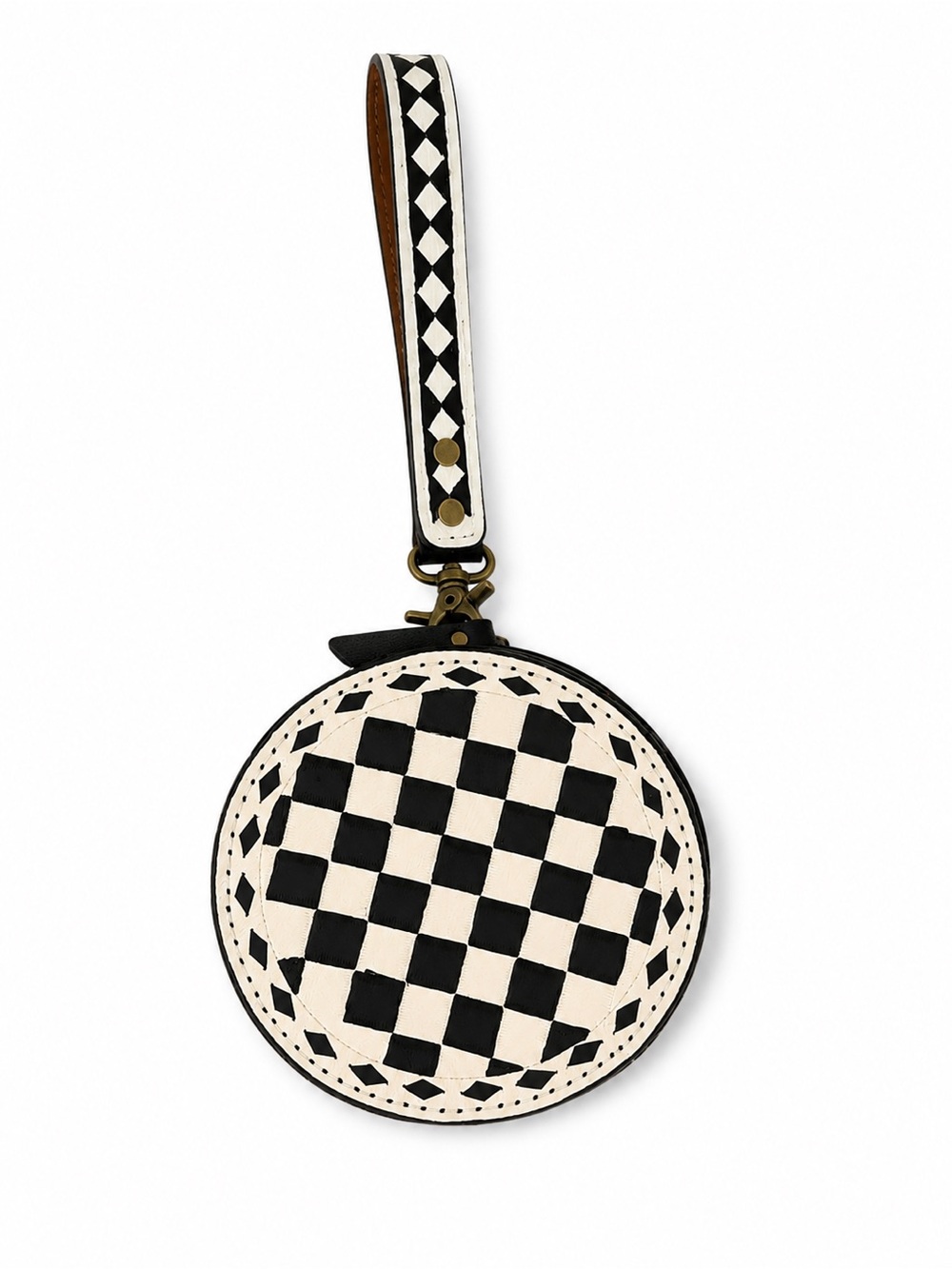 Leather White Checkerboard Round Wristlet